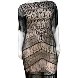 UNIQUE VINTAGE Black and Nude Lace & Fringe Retro Flapper Dress sz 2XL